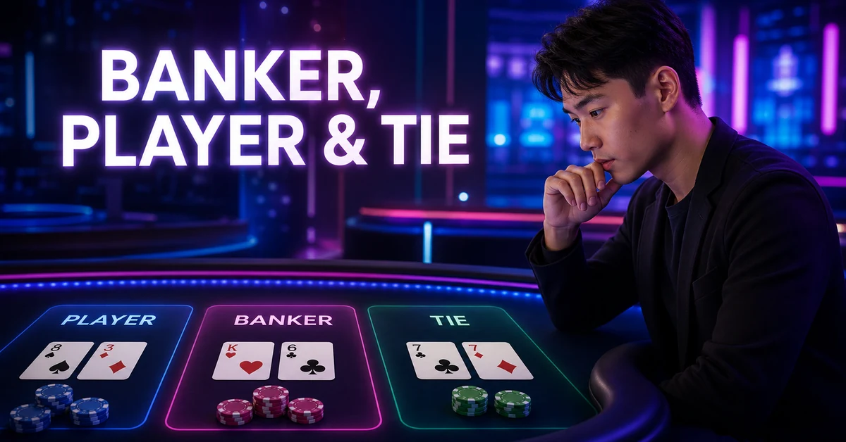 Beginner comparing Banker, Player, and Tie bets at an online baccarat table