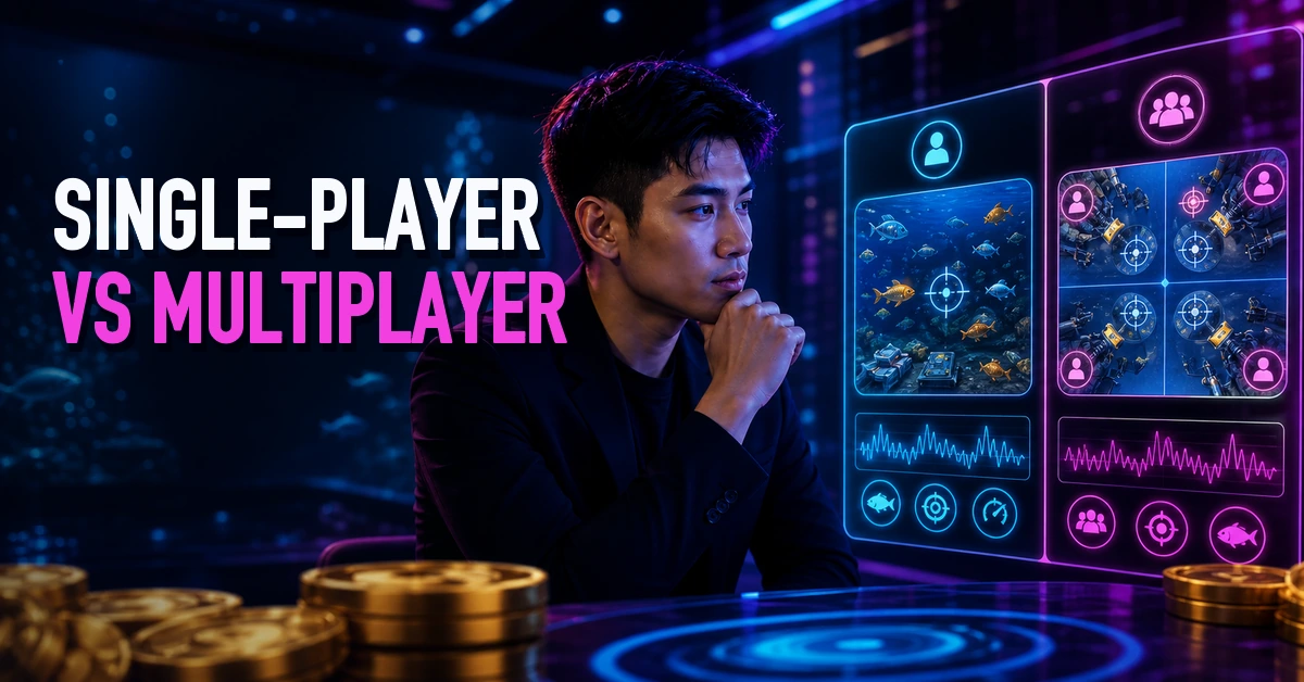 Casino fishing game player comparing single-player and multiplayer tables
