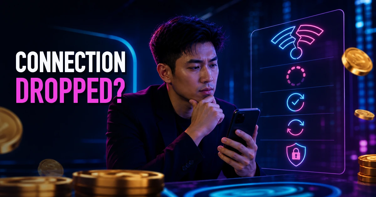 Mobile casino user reviewing a dropped connection and pending round status
