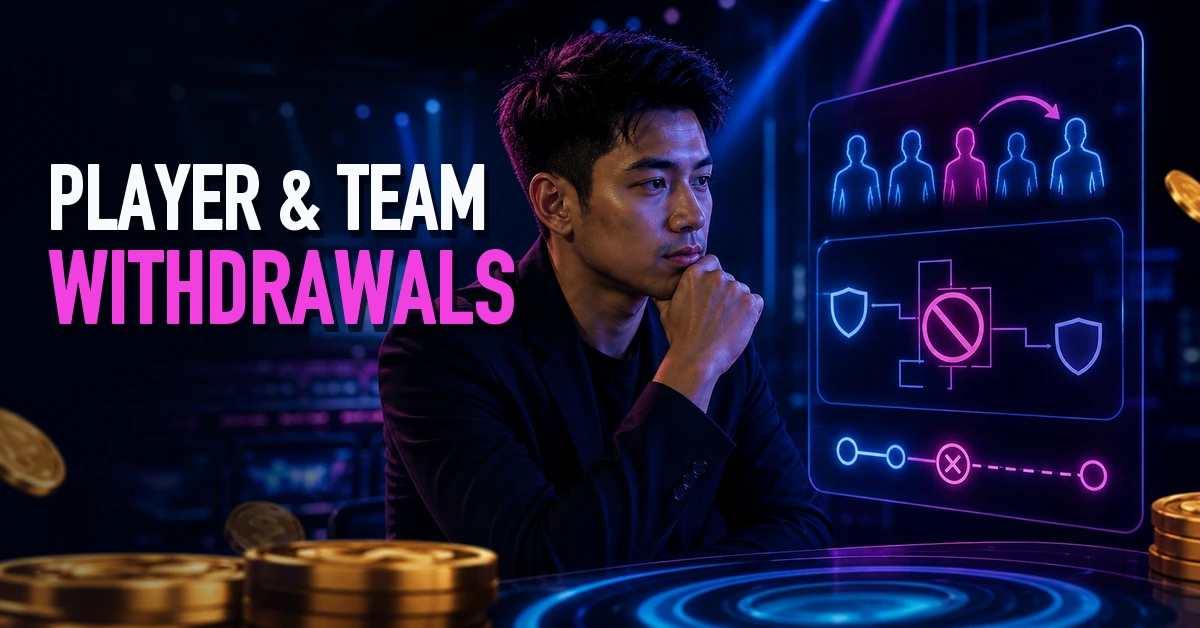 Esports bettor reviewing player substitution and team withdrawal rules