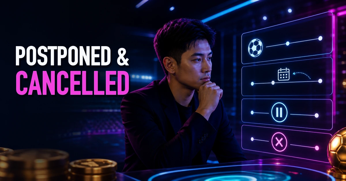 Sports bettor reviewing postponed and cancelled match status rules